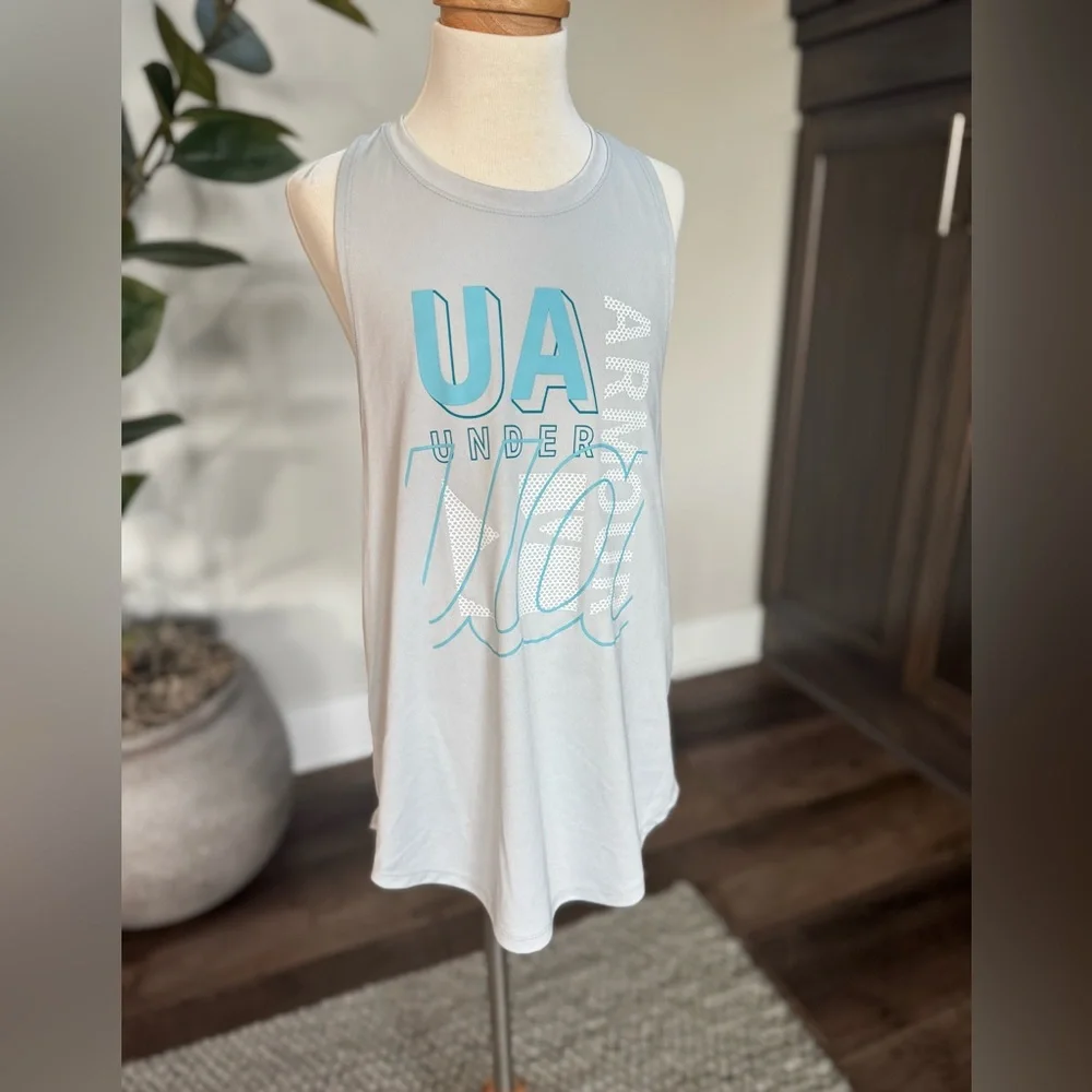 Under Armour Light Gray Tank with Blue Accents Girls Medium Loose Fit
